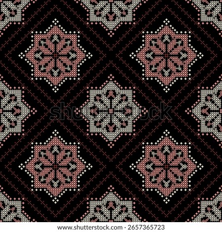 Warm terra cotta, ecru, and black ethnic seamless pattern featuring pixelated geometric diamonds and intricate traditional floral motifs. Ideal for rustic fashion, textiles, sophisticated backgrouds.