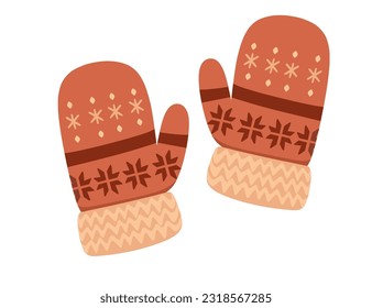 Warm textile pair of winter gloves brown color vector illustration on white background