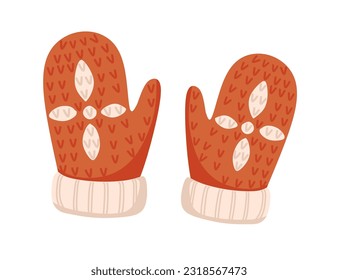 Warm textile pair of winter gloves brown color vector illustration on white background