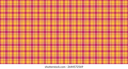 Warm textile seamless plaid, harvest check tartan fabric. Cloth texture vector background pattern in amber and pink colors palette.