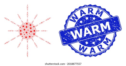 Warm textured round seal and vector fractal collage sun rays. Blue seal includes Warm tag inside round shape. Vector collage is created with recursive sun rays items.