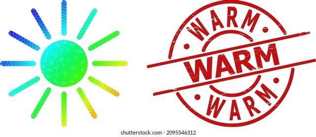 Estampado texturado CÁLIDO y icono de sol espectral de bajo nivel con gradiente. El sello rojo contiene texto cálido dentro de la forma de redondeo y líneas. Icono poligonal de sol triangulado.