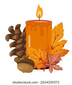Ilustração de Ação de Graças quente com vela laranja brilhante, pinecona, bolota, bagas vermelhas e folhas de outono. Ideal para cartões de férias, decoração sazonal e design de sublimação de alto desempenho.