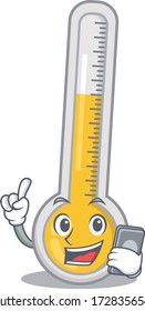 Warm thermometer cartoon character speaking on phone