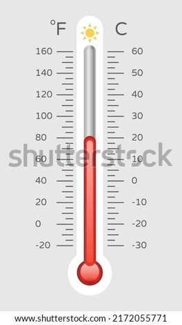 Warm thermometer with celsius and fahrenheit scale, temp control thermostat device flat vector icon. Thermometers measuring temperature icons, meteorology equipment showing weather