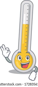 Warme Thermometer Maskottdesign Stil mit einem Okay Gesten Finger