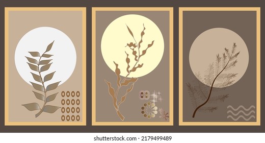 fondo de arte abstracto geométrico de tonos cálidos con diferentes formas árboles hojas pintadas a mano para la decoración diseño de ilustración vectorial EPS-10