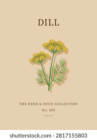 Warm tone minimalist herb poster featuring feathery green dill weed and yellow flowers.