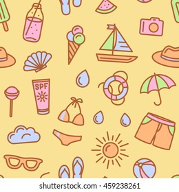 Warm tone summer trip / vacation seamless background. Thin line summer icon pattern. Vector illustration.