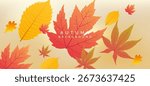 The warm toned background of gold, orange and red strongly conveys the theme of autumn. Various leaves are scattered throughout the frame, with the large leaf in the center being the focus.