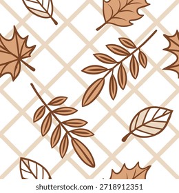 Patrón de azulejos sin costuras de hojas y cuadros de tonos cálidos con colores y texturas inspirados en otoño concepto como tonos cálidos inspirados en otoño en patrones de hojas y cuadros crean un diseño acogedor de azulejos sin costuras para el otoño en Foto de archivo Concepto y espacio vacío en el lado izquierdo, sin texto --ar 7:2 --tile
