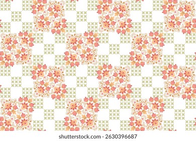 Warm Tones Floral and Checkered Seamless Pattern. Fall Flower Pattern with Geometric Grid. Abstract Square Floral Background. Embroidered Look Vintage Floral. Classic Tablecloth Pattern.
