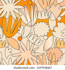 Warm tones floral and various shapes trendy pattern. Collage contemporary seamless pattern. Hand drawn cartoon style pattern.