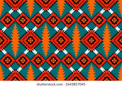 A warm tribal design with red, black, and orange tones featuring pine-like spikes and diamonds. Ideal for rustic textiles, and indigenous-themed graphics.