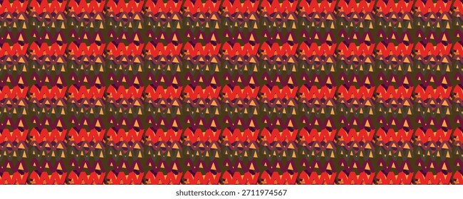 Quente Tribal Geometric Sem Costura Padrão com Zigzag e Triângulo Motivos em Vermelho, Laranja, Borgonha e Azeitona para Têxteis de Moda, Decoração de casa, Embalagem, Papelaria e Boho Design Decorativo