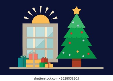 A warm and ultra-realistic Christmas morning featuring a decorated tree, glowing gifts, and golden sunlight streaming through the window. Serene holiday setting on a blue background,
