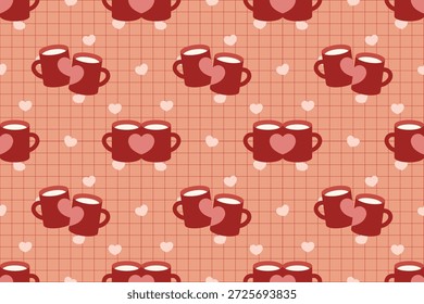 Warmes Valentinsmuster mit zwei Gläsern und Herz auf Gitterhintergrund. Geeignet für Jubiläumsdesigns, romantische Essthemen, Verpackungen und festliche Tapeten.