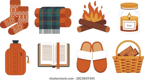 A warm vector graphic icon set featuring cozy autumn and winter essentials for a hygge-inspired lifestyle. The collection includes a pair of patterned knitted wool socks, rolled plaid blankets, a glowing campfire with wooden logs, a scented candle in a glass jar, a hot water bottle with a cable-knit cover, an open book with a ribbon bookmark, a pair of plush fur-lined slippers, and a woven wicker basket filled with firewood. Ideal for fall lifestyle blogs, winter branding, hygge aesthetic designs, seasonal greeting cards, and cozy home decor graphics.
