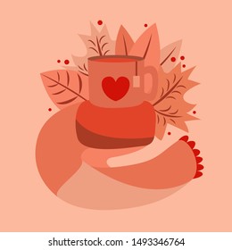 warm vector illustration. autumn symbols: cup of tea and scarf and leaves on the background