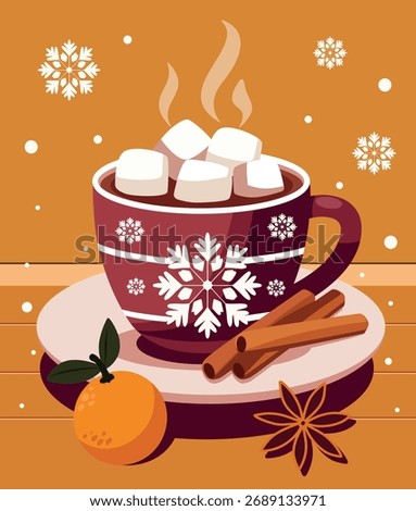 A warm vector illustration of a cup of hot cocoa with marshmallows, cinnamon, oranges, pine cones on a bright background. Cozy, festive mood. For packaging, cards, holiday designs, social media