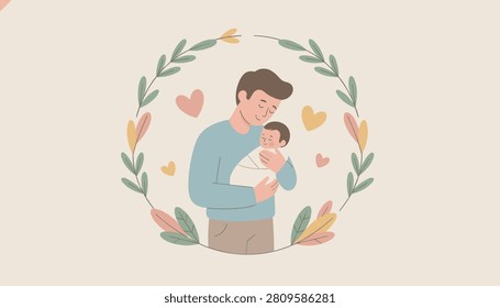 Warm vector illustration of a loving father cuddling his swaddled newborn baby inside a beautiful floral wreath.