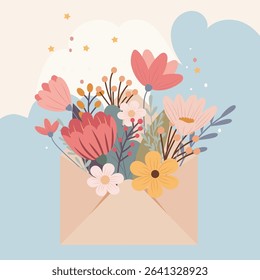 Warm vector illustration of a loving mother hugging her smiling baby, surrounded by spring flowers and pastel clouds. Perfect for Mother’s Day cards, parenting blogs, nursery prints and family‑themed 