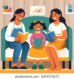 Una cálida Ilustración vectorial de una madre y sus hijas leyendo juntos libros, simbolizando el vínculo familiar y la educación.