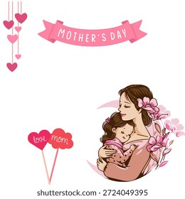 Warme Vektorgrafik einer Mutter, die ihr Kind umarmt, verziert mit rosafarbenen Blumen, Herzen und einem "Muttertag"-Bändchen. Ideal für herzliches Marketing und saisonale Urlaubsgrafiken.