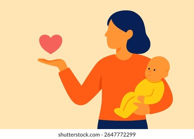 A warm vector illustration of a person in an orange shirt holding a baby with one arm and a heart symbol in the other, representing love and family care