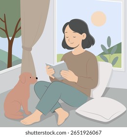 Warm vector illustration of a person relaxing with a pet in a cozy home interior. Symbolizes emotional safety, self-care, and mental wellbeing.