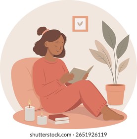 Warm vector illustration of a person relaxing with a pet in a cozy home interior. Symbolizes emotional safety, self-care, and mental wellbeing.