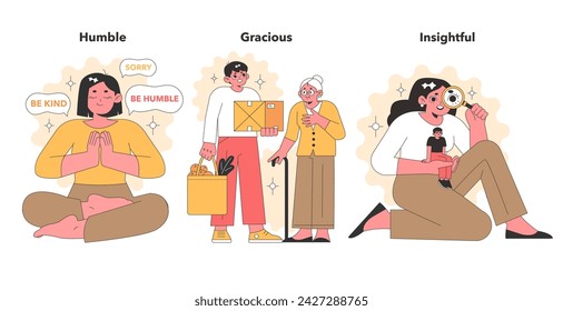 Warm vector illustrations portraying humility, grace, and insightfulness, with characters engaging in acts of kindness, generosity, and deep reflection.