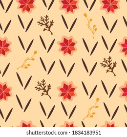 Warm vector pattern in brown tones with knitting texture,dry twigs and scandinavian ornament, seamless,autumn or winter season.For printing on fabric,paper,notebook cover,autumn signboard,background