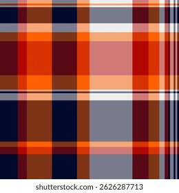Warm vector textile plaid, card pattern texture fabric. Reel tartan check background seamless in red and orange colors palette.