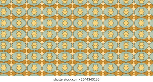 A warm vintage-style pattern in earthy yellow and blue, featuring symmetrical stars and tile motifs for retro designs and decor concepts.