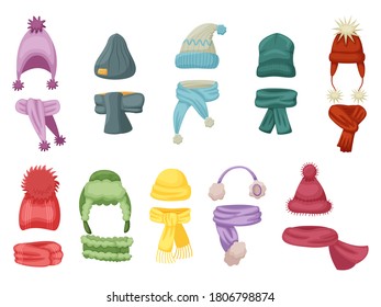 Warm wear. Autumn and winter hat, knit cap outfit with warm scarf and scarves isolated set on white background. Warm head and neck wear vector illustration.Children clothes accessory for cold weather