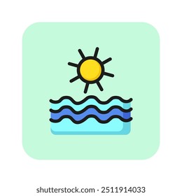 Warm weather line icon. Sun over water, sunrise, climate control. Weather concept. Vector illustration can be used for topics like climate, meteorology, vacation