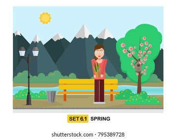Warm weather on a spring day flat vector illustration. Young woman stays on the street with mountains, tree, bench, street light, sun, flowers, birdhouse. Spring season concept