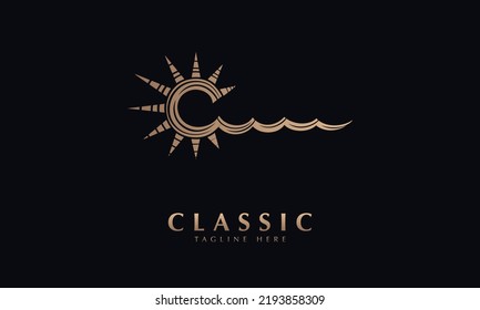 sol de clima cálido con plantilla de monograma del logotipo del vector del océano