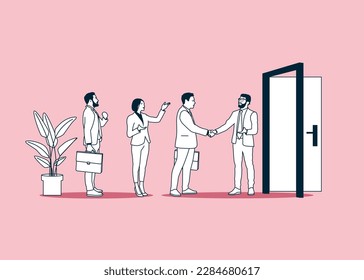 Warm welcome to new office. Businessman welcome and introduce new staff to team. Modern vector illustration in flat style