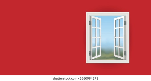 Warm white framed windows open against contrasting red walls.
