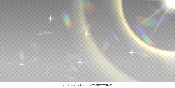 Warm Weiß Sonne Licht Fackeln mit transparenten glitzernden Effekten. Irisierende Kristall Blendlinsen Reflexionseffekt. Optische Regenbogenlampen, Blendung, Leck, Streifen Overlay. Funkelnder Vektor, der Konfetti fällt.