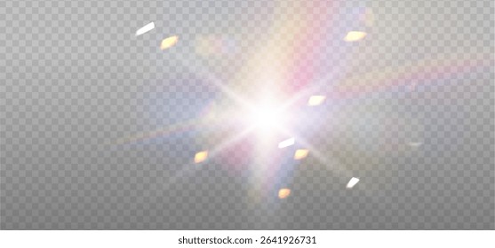 Warm White sun light flares with transparent sparkle effects. Iridescent crystal glare lenses reflection effect. Optical rainbow lights, glare, leak, streak overlay. Sparkling vector falling confetti.
