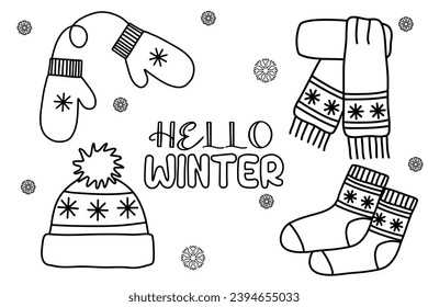 Warm winter accessory set mittens, hat, scarf and socks, doodle vector outline for coloring book