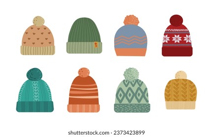 Invierno cálido , conjunto de sombreros de otoño , ilustración vectorial de color brillante sobre fondo blanco . Diseño gráfico de estilo plano para diferentes usos de diseño como libros para niños, tarjetas u otros usos.	