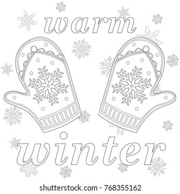 Warm winter black and white poster. Coloring book page for adults and kids. Winter holiday theme vector illustration for christmas gift card, flyer, certificate or banner.