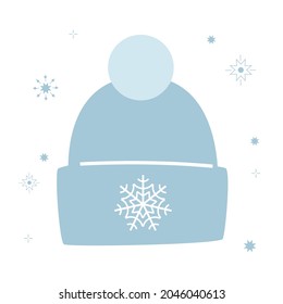 Warm winter blue hat for autumn or spring, an accessory for a man or a woman. Decorated with a snowflake and a pompom. Fluffy fabric. Simple vector illustration in flat style isolated on white