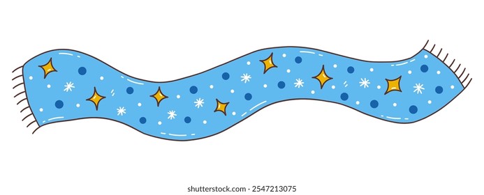 Warm winter blue soft long scarf with stars and snowflakes. Comfortable clothes for cold weather. Winter season. Colorful isolated vector illustration hand drawn doodle. Card or icon, design element