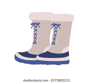 Warm winter boots pair. Comfortable seasonal snowproof shoes, footwear with fur trim and laces. Foot wear, footgear for cold weather and hiking. Flat vector illustration isolated on white background