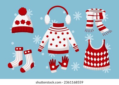 Warm winter clothes and accessories vector illustration. Knitted sweater, hat, scarf, mittens, socks and headphones with red and white design. Fashion, Christmas, weather concept
